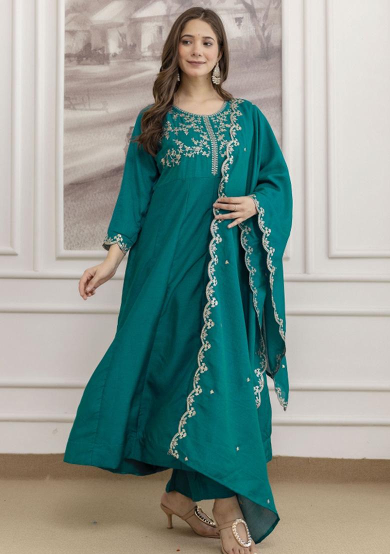 Green Resham Embroidery Art Silk Kurta Set - Indya