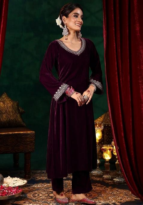 Maroon Resham Embroidery Velvet Kurta Set