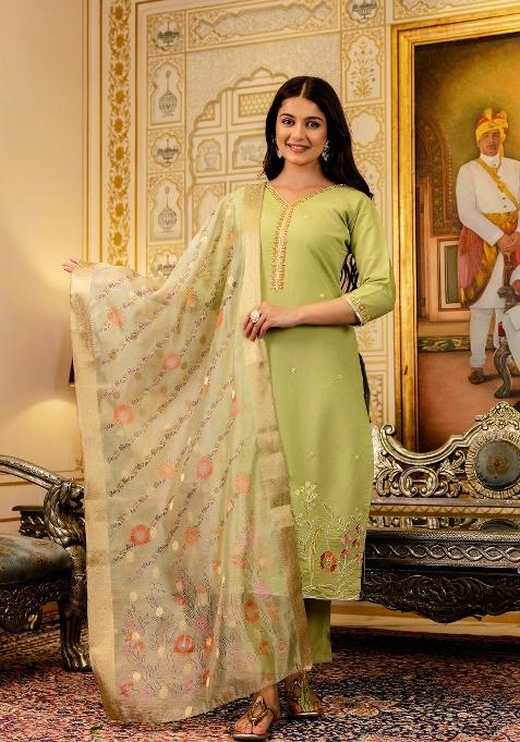 Green Resham Embroidery Viscose Kurta Set