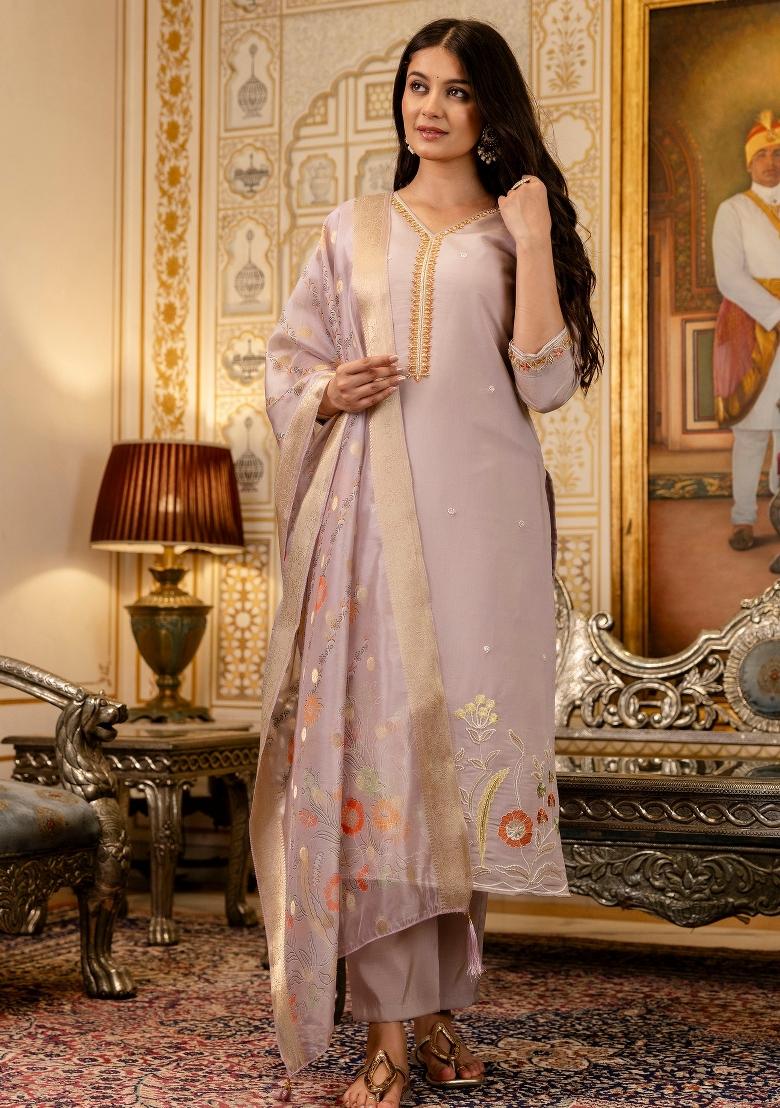 Lavender Resham Embroidery Viscose Kurta Set - Indya