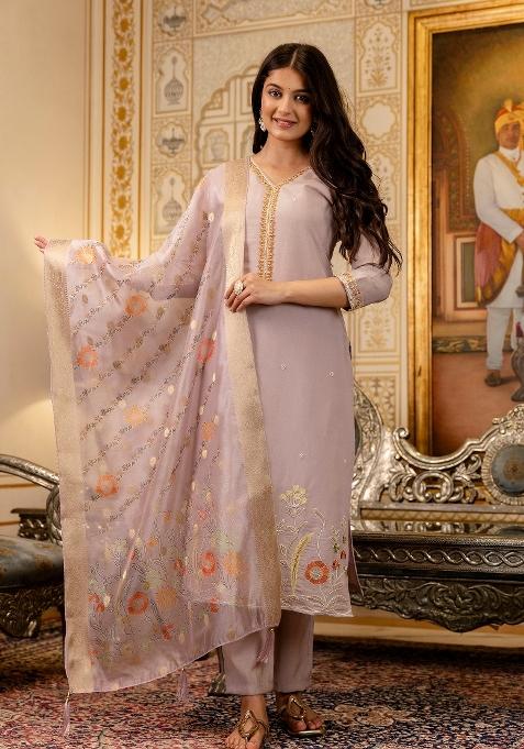 Lavender Resham Embroidery Viscose Kurta Set