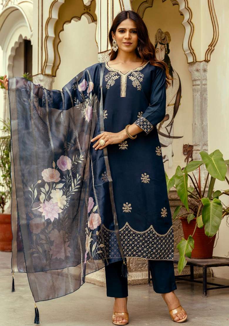 Navy Blue Embroidered Chanderi Straight Kurta Set - Indya