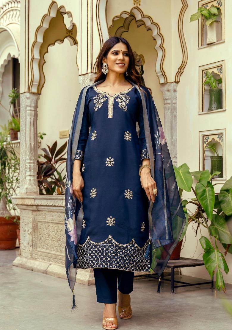 Navy Blue Resham Embroidery Chanderi Kurta Set - Indya