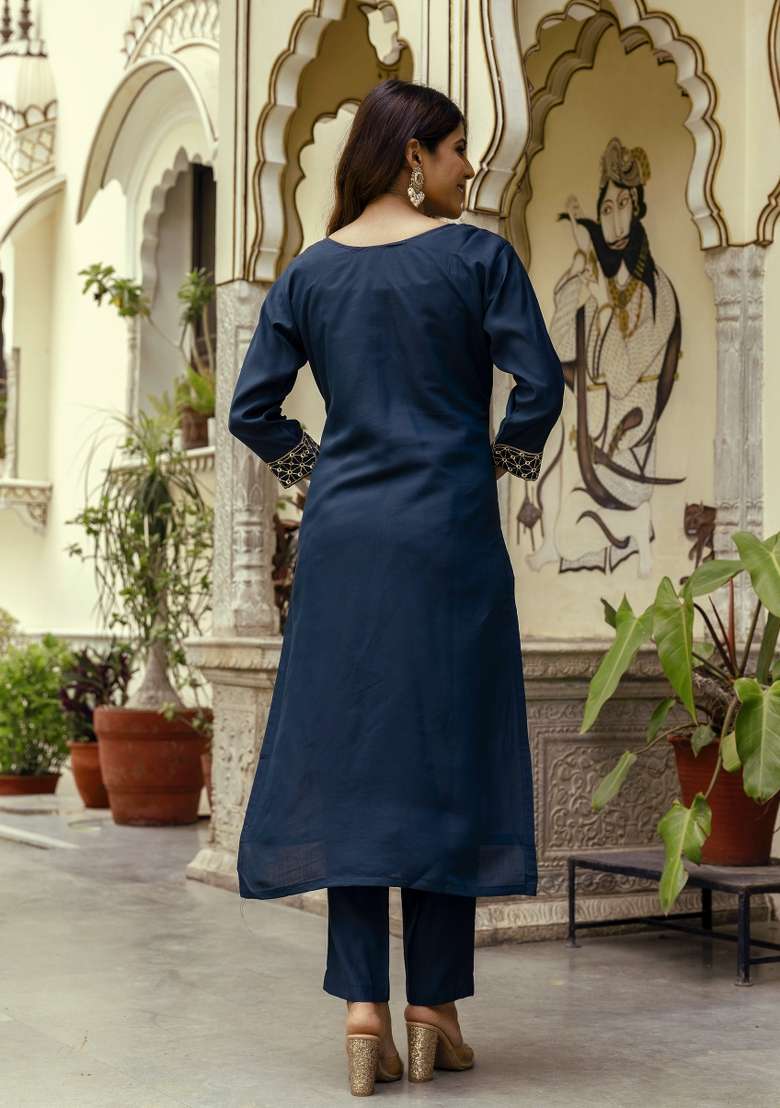 Navy Blue Embroidered Chanderi Straight Kurta Set - Indya