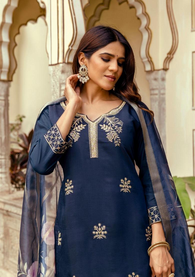 Navy Blue Resham Embroidery Chanderi Kurta Set - Indya