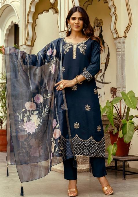 Navy Blue Resham Embroidery Chanderi Kurta Set