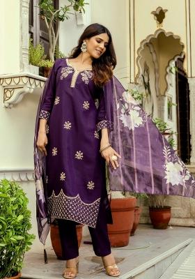 Wine Resham Embroidery Chanderi Kurta Set
