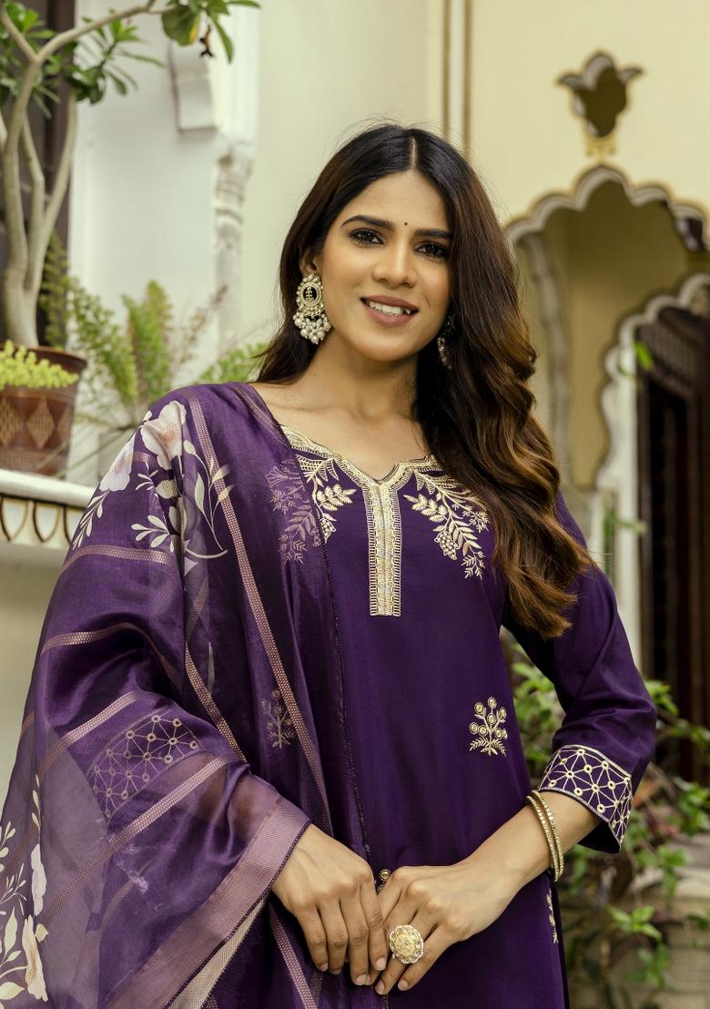 Wine Resham Embroidery Chanderi Kurta Set - Indya