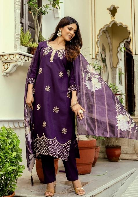Wine Resham Embroidery Chanderi Kurta Set
