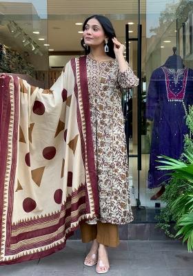 Cream Abstract Print Blended Cotton Kurta Set