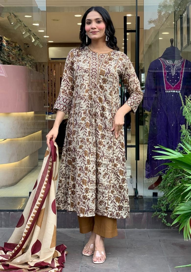 Cream Abstract Print Blended Cotton Kurta Set - Indya