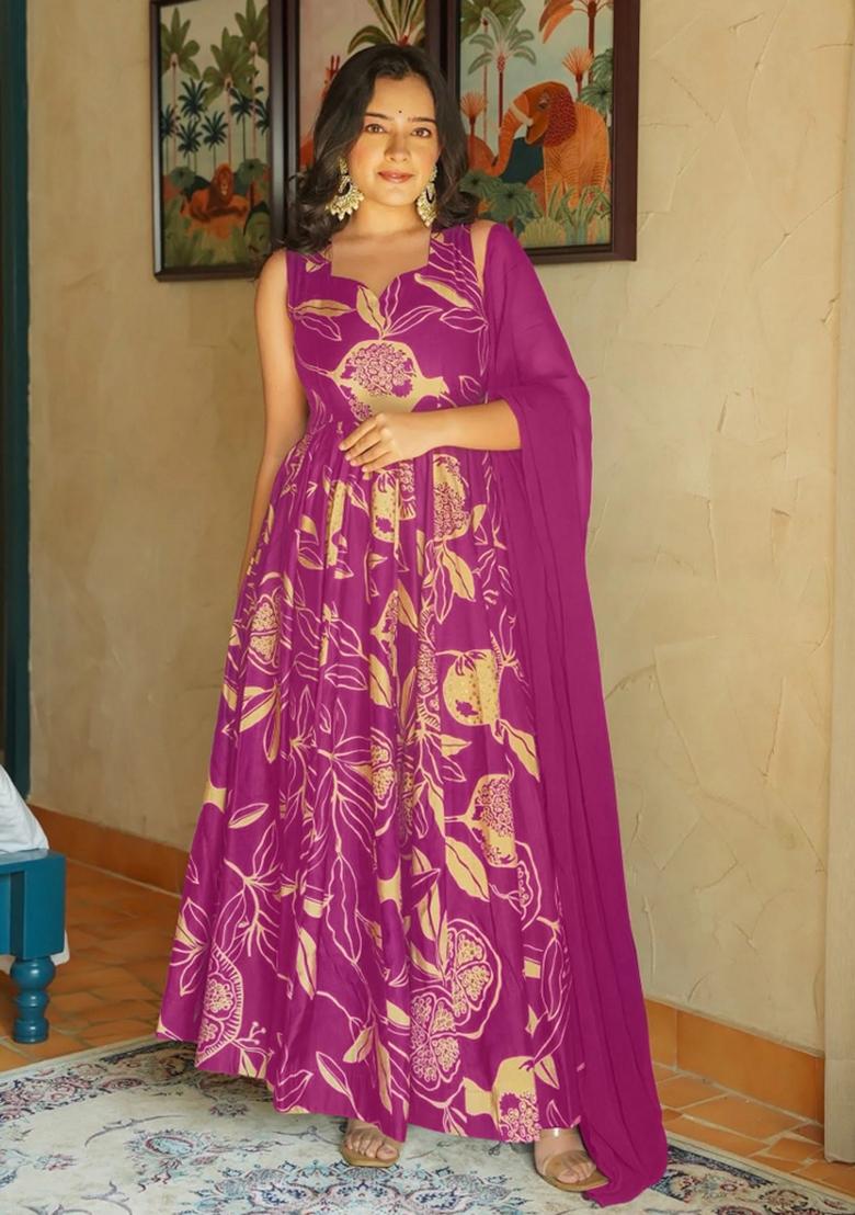 Purple Abstract Print Rayon Kurta Set - Indya