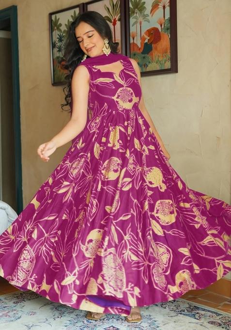 Purple Abstract Print Rayon Kurta Set