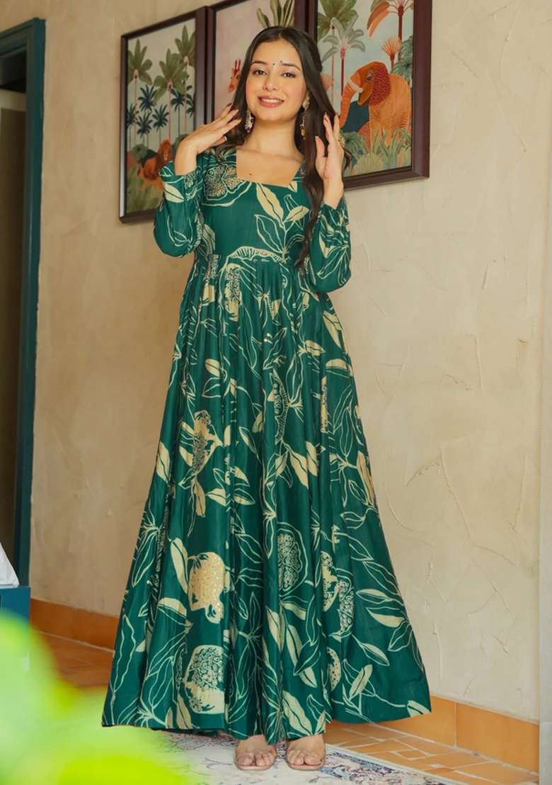 Sea Green Printed Rayon Anarkali - Indya