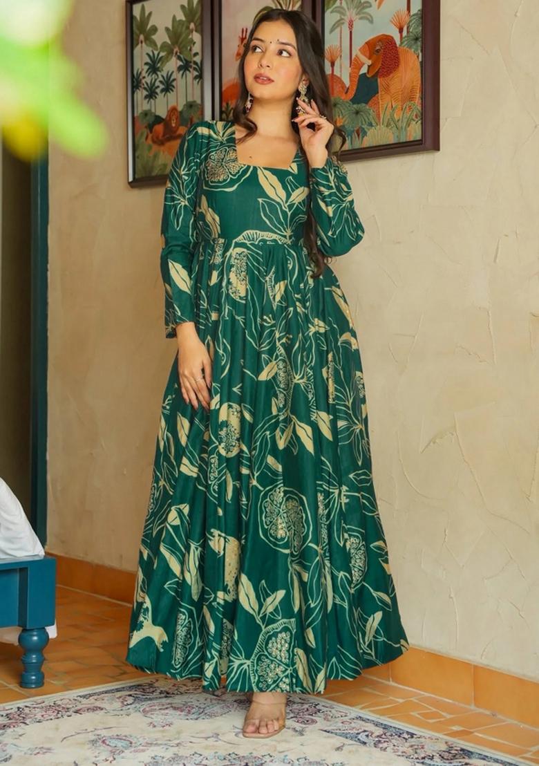 Sea Green Abstract Print Rayon Kurta Set - Indya