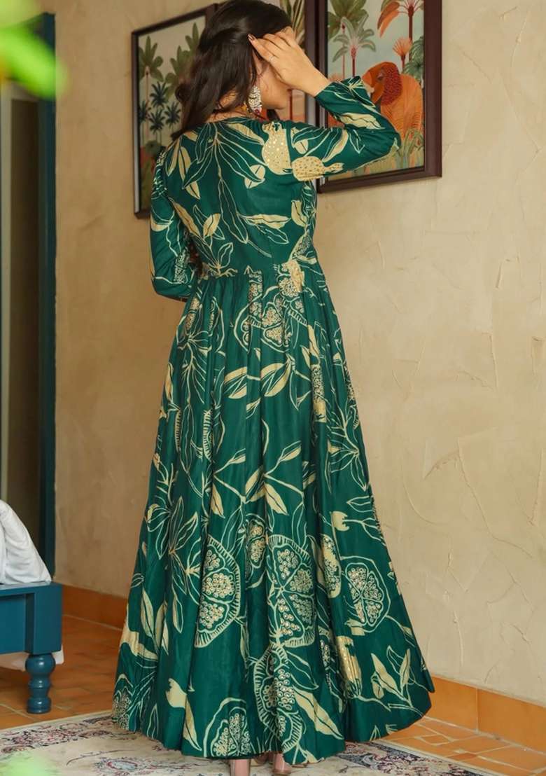Sea Green Printed Rayon Anarkali - Indya