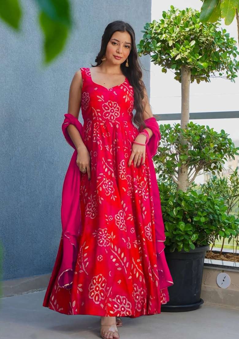 Red Bandhani Rayon Anarkali Set - Indya