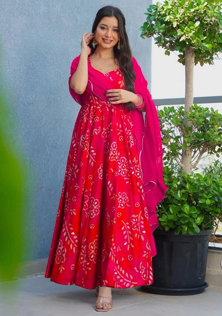 Red Abstract Print Rayon Kurta Set - Indya