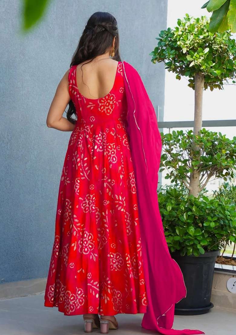 Red Bandhani Rayon Anarkali Set - Indya