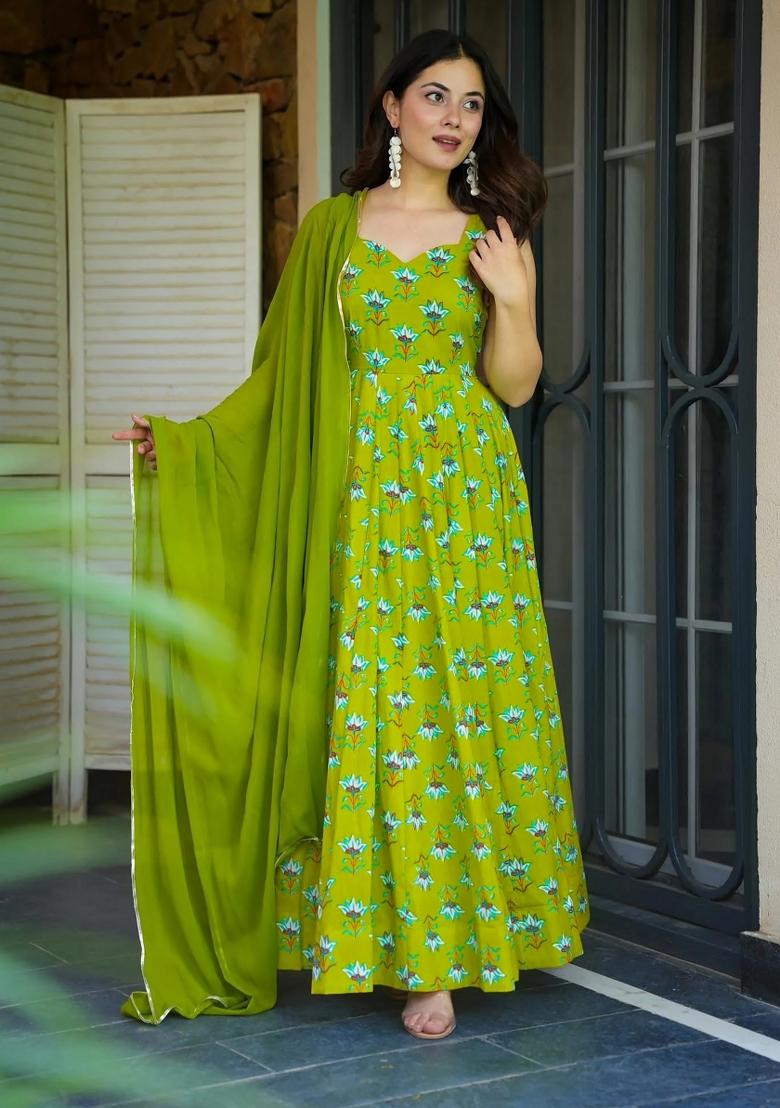 Green Abstract Print Rayon Kurta Set - Indya