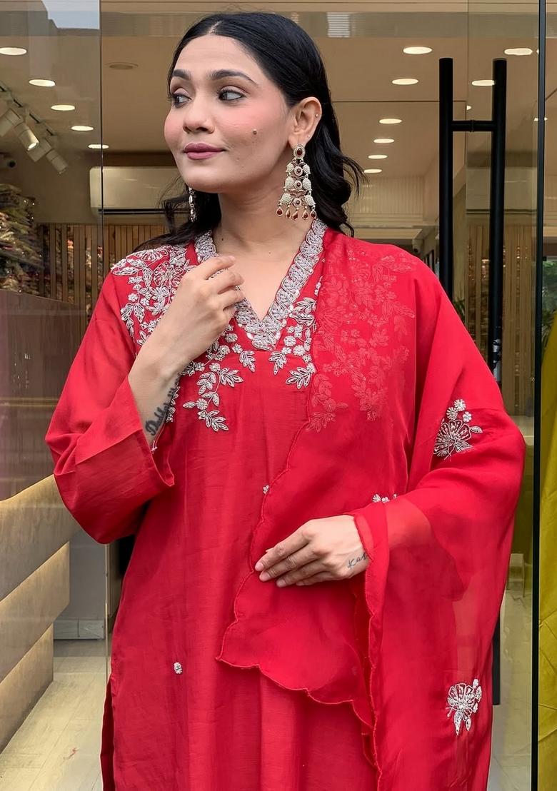 Red Resham Embroidery Chanderi Kurta Set - Indya