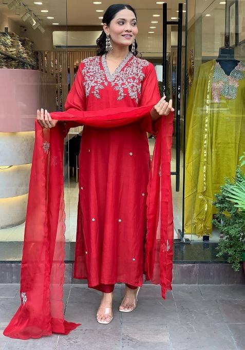 Red Resham Embroidery Chanderi Kurta Set