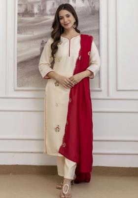 Cream Resham Embroidery Chanderi Kurta Set