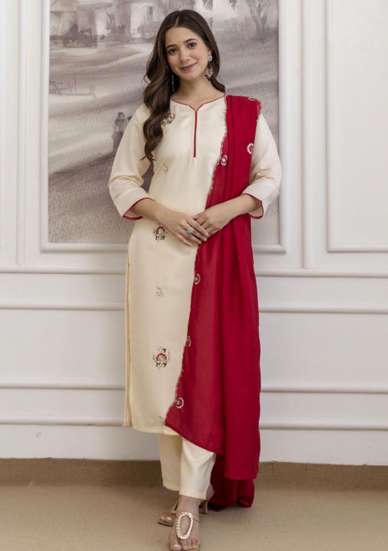 Cream Resham Embroidery Chanderi Kurta Set - Indya