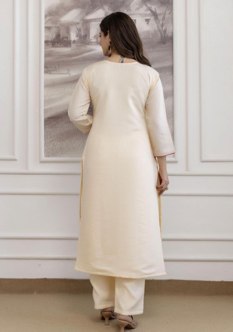 Cream Resham Embroidery Chanderi Kurta Set - Indya