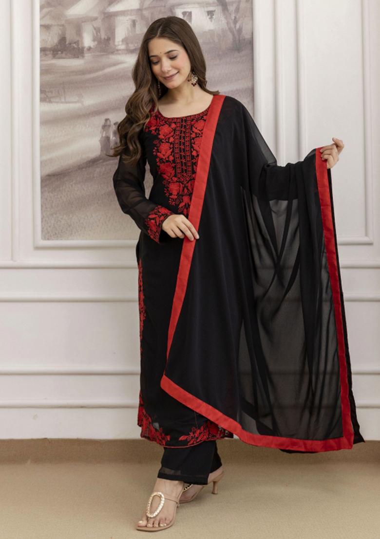 Black Resham Embroidery Georgette Kurta Set - Indya