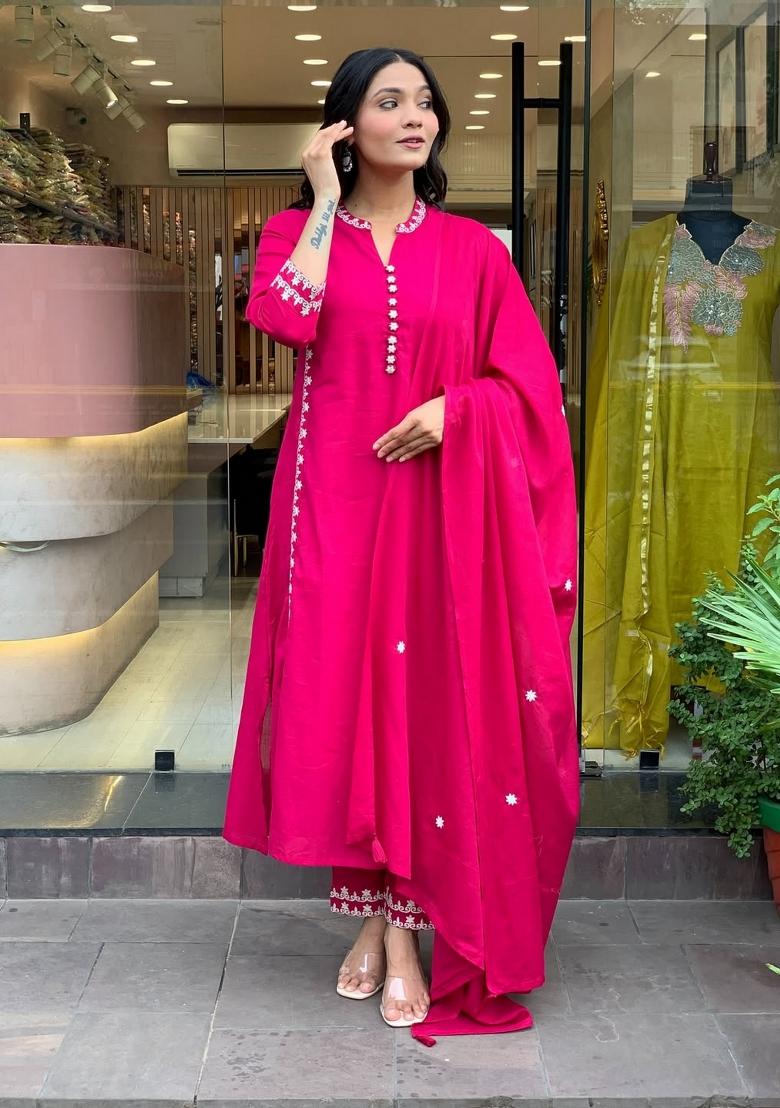 Red Resham Embroidery Chanderi Kurta Set - Indya