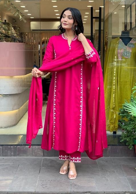 Red Resham Embroidery Chanderi Kurta Set