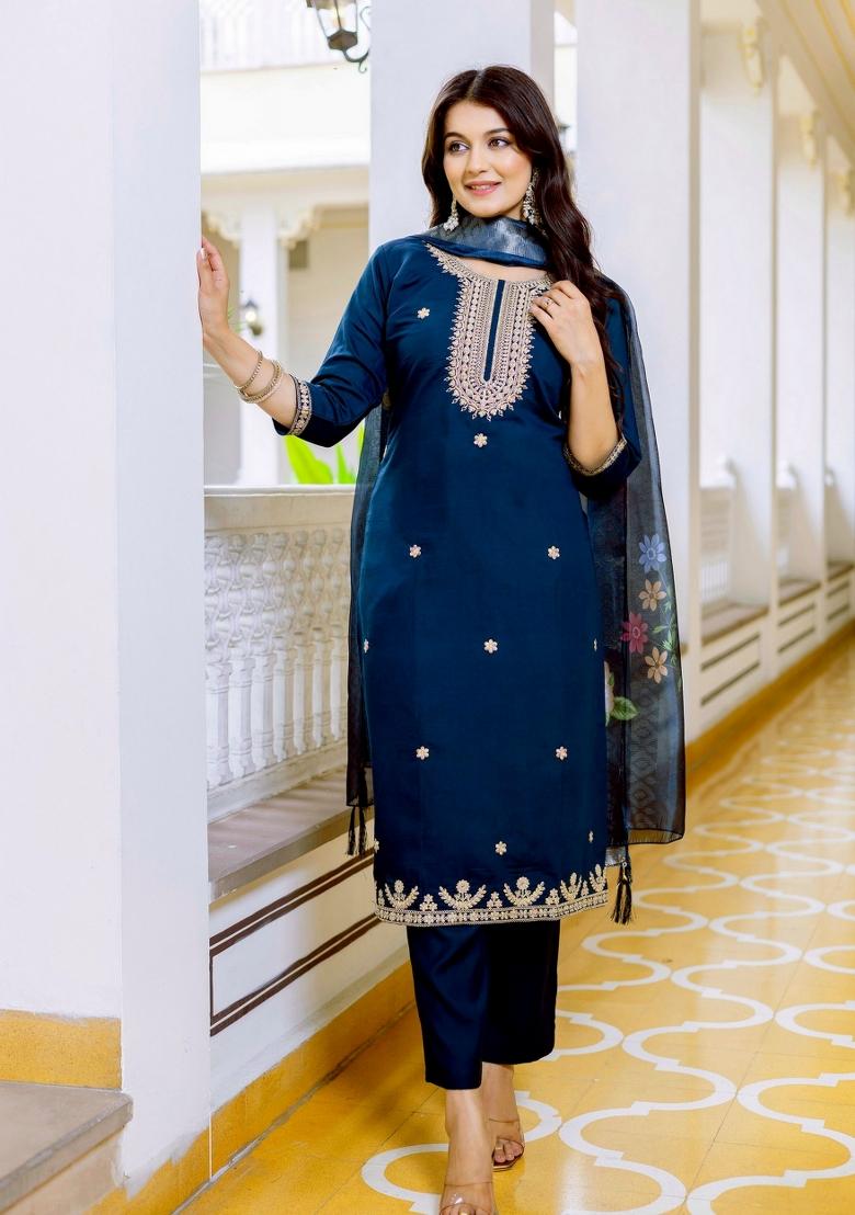 Blue Resham Embroidery Chanderi Kurta Set - Indya