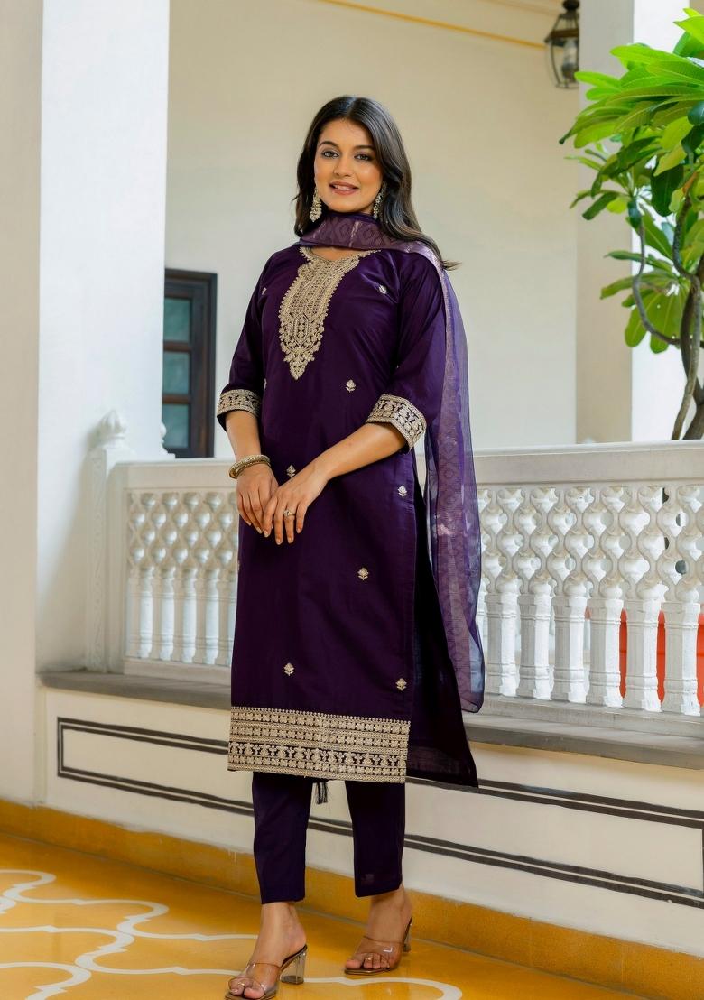 Violet Resham Embroidery Chanderi Kurta Set - Indya