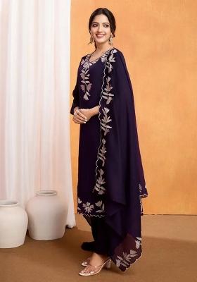 Wine Resham Embroidery Art Silk Kurta Set