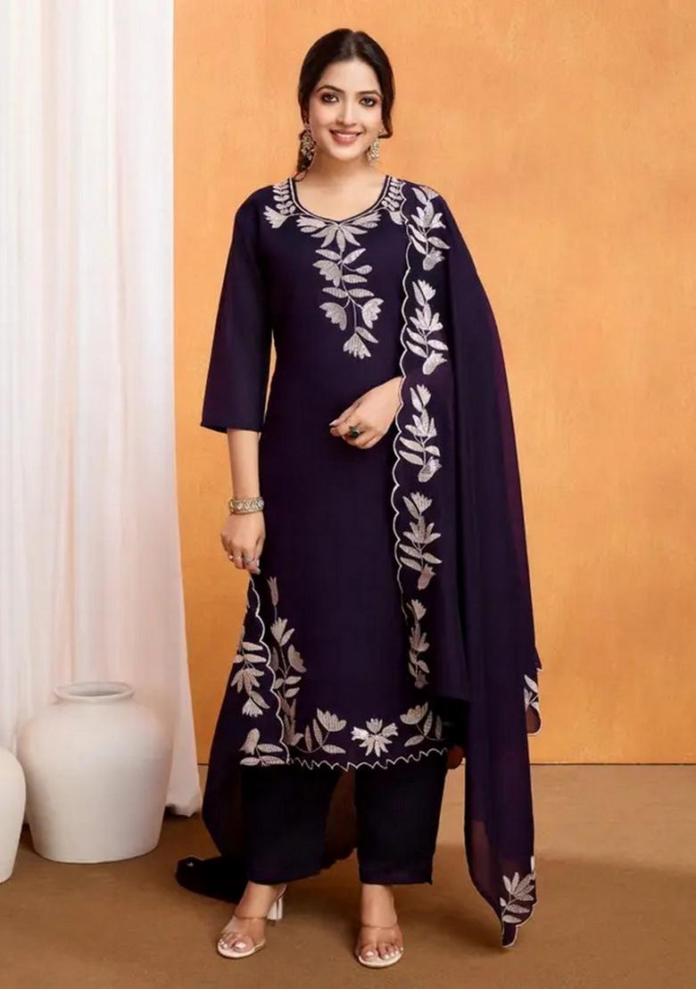 Wine Resham Embroidery Art Silk Kurta Set - Indya