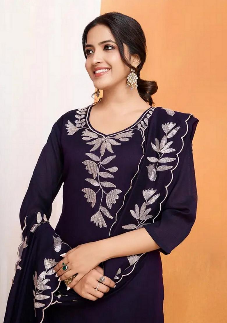 Wine Resham Embroidery Art Silk Kurta Set - Indya