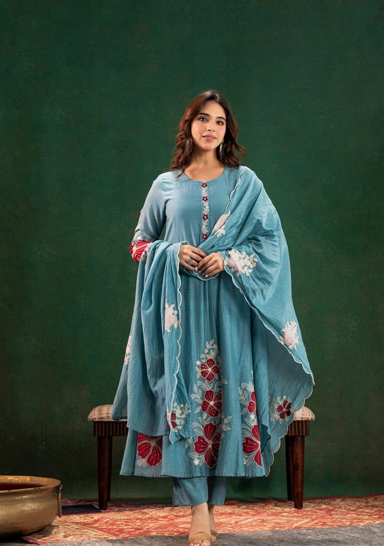 Blue Resham Embroidery Chanderi Kurta Set - Indya