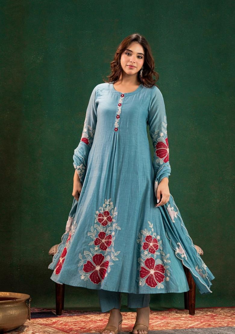 Blue Resham Embroidery Chanderi Kurta Set - Indya