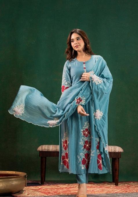 Blue Resham Embroidery Chanderi Kurta Set