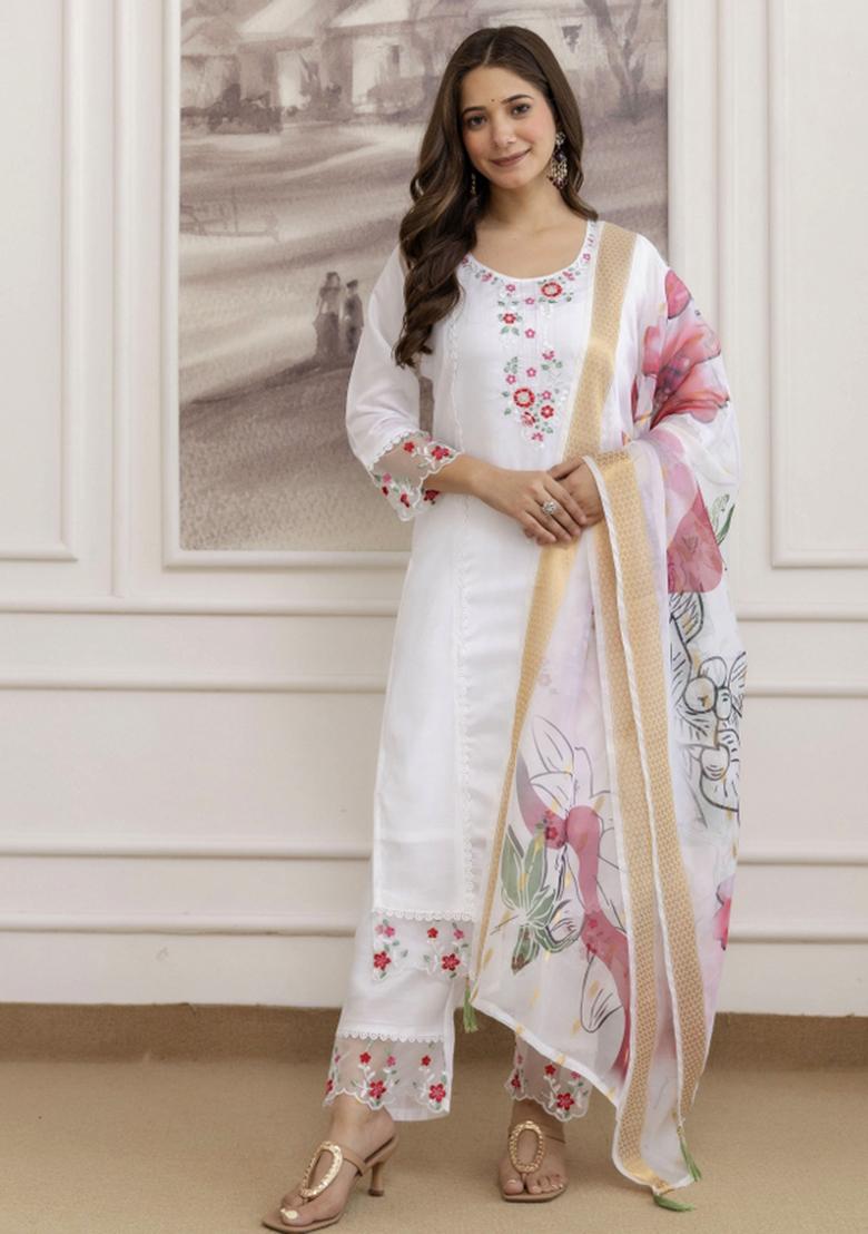 White Resham Embroidery Chanderi Kurta Set - Indya