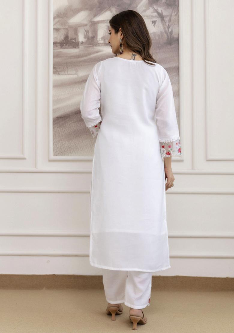 White Resham Embroidery Chanderi Kurta Set - Indya