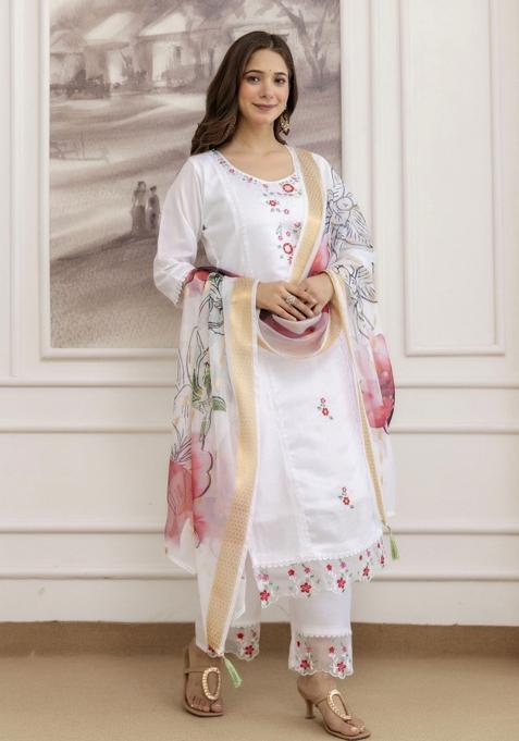 White Resham Embroidery Chanderi Kurta Set