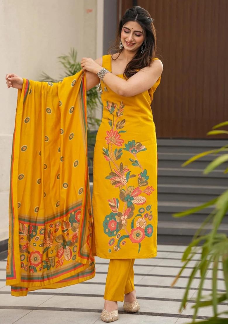 Yellow Abstract Print Silk Blended Kurta Set - Indya