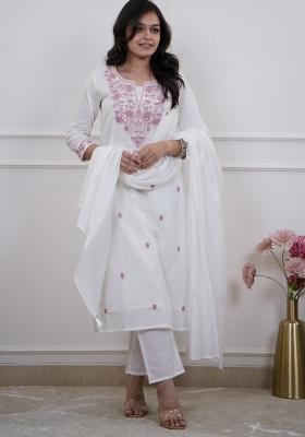 White Resham Embroidery Chanderi Kurta Set
