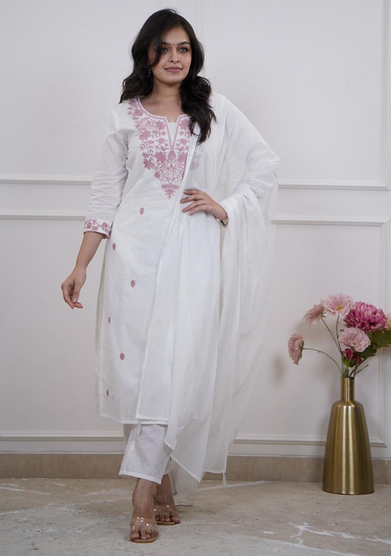 White Resham Embroidery Chanderi Kurta Set - Indya