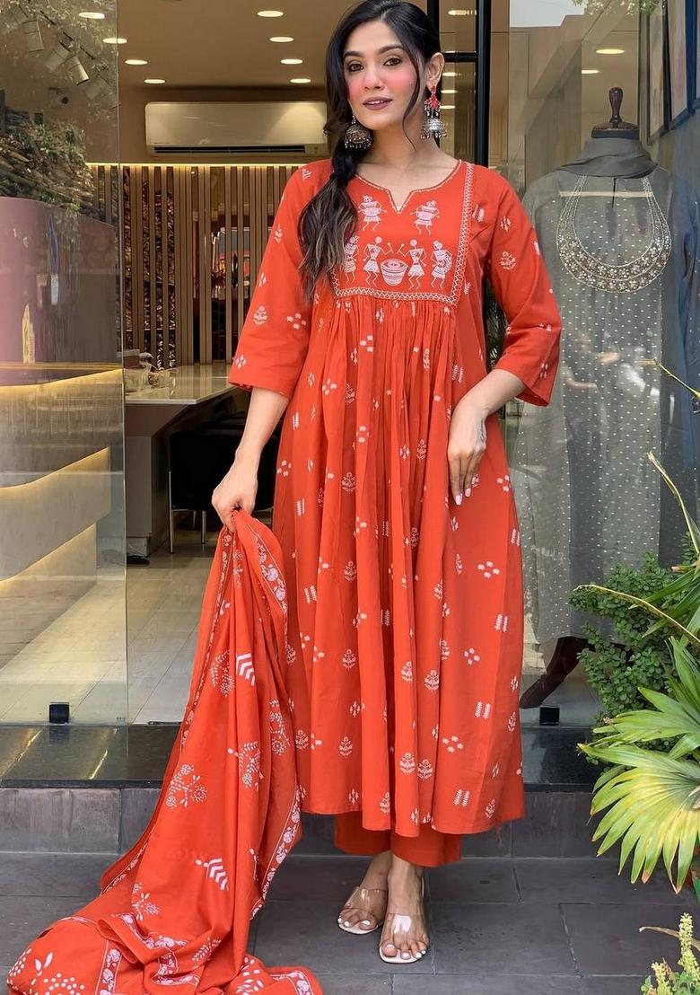 Orange Abstract Print Blended Cotton Kurta Set - Indya