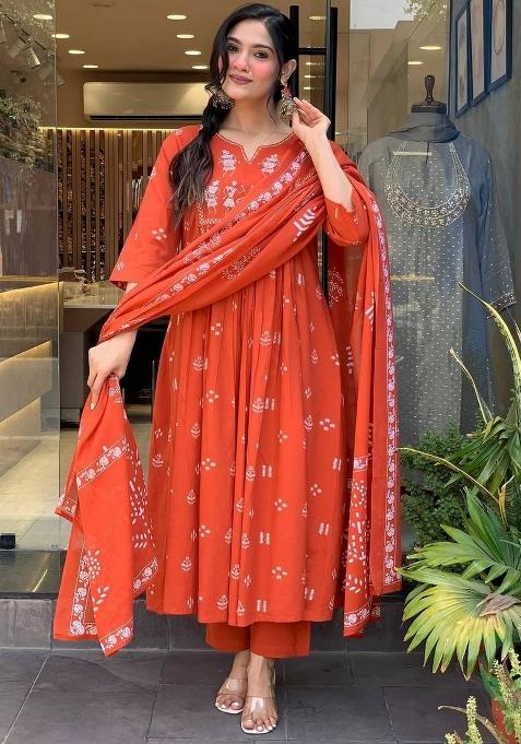 Orange Abstract Print Blended Cotton Kurta Set