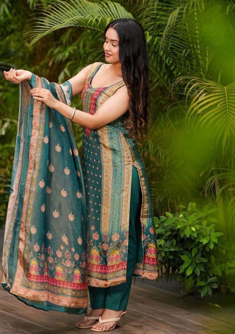 Green Printed Silk Straight Kurta Set - Indya
