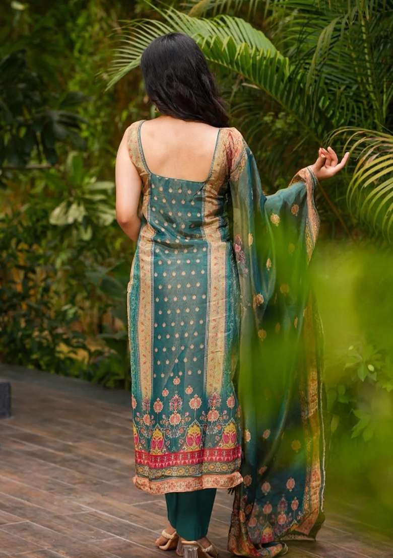 Green Printed Silk Straight Kurta Set - Indya